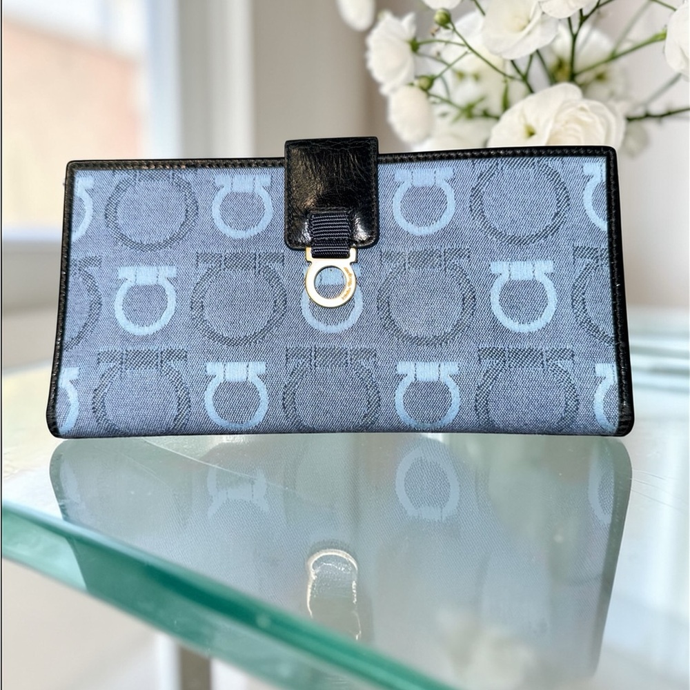 Salvatore Ferragamo with COA EUC Black and Blue Patterned Canvas Wallet